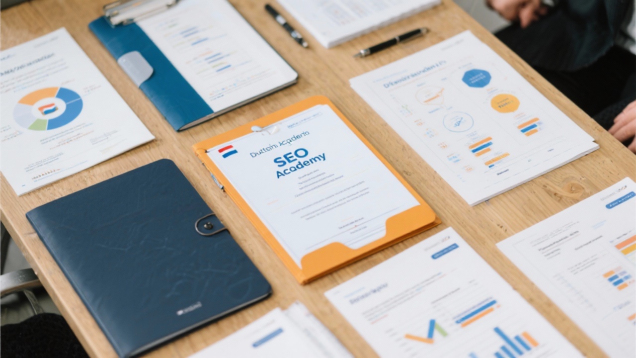 Detailed view of Dutch SEO Academy training materials including certification folders, annotated frameworks, and analytics printouts prepared for marketing teams.