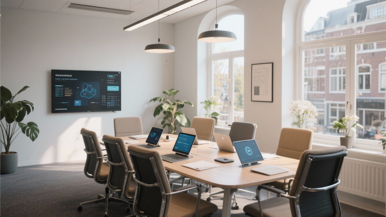 Modern Amsterdam office meeting room prepared for consultations with comfortable seating, natural light, and digital collaboration tools ready for clients.