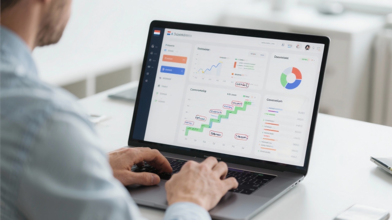 Digital marketing specialist reviewing Dutch SEO dashboards with conversion funnels, growth metrics, and annotated tasks on a sleek laptop in a bright office.