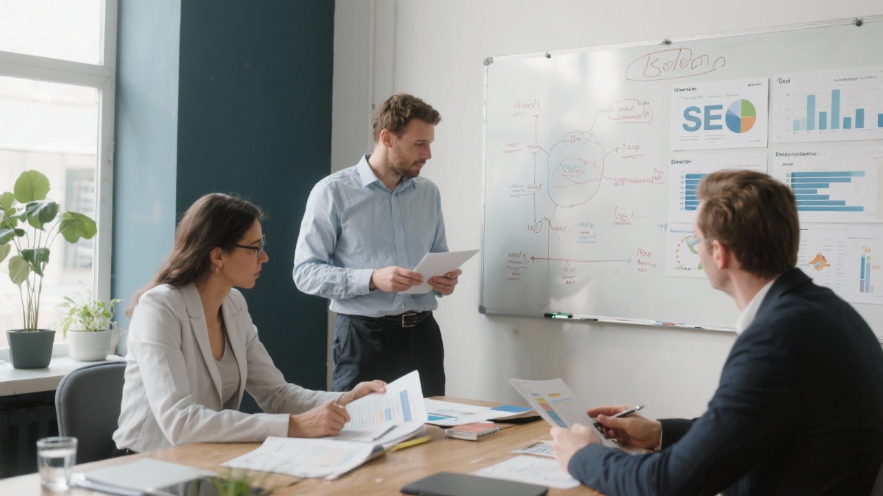 Three Dutch marketing professionals reviewing SEO reports, whiteboard strategies, and implementation timelines during a retrospective meeting.