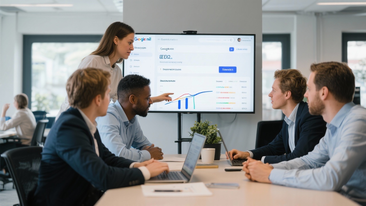 Professional Dutch marketing team analysing search performance dashboards during a hands-on SEO training session focused on Google.nl visibility for Amsterdam-based retailers in a modern workspace.