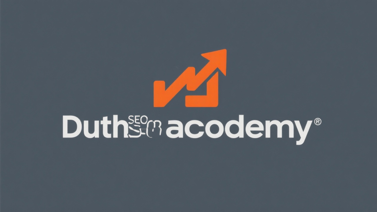Minimalistic Dutch SEO Academy logotype with clean typography and a simple orange icon representing growth in Dutch digital marketing