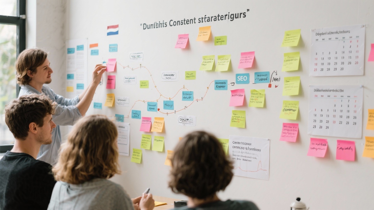 Content strategists mapping Dutch customer journeys and SEO content formats on a wall with sticky notes and editorial calendars.