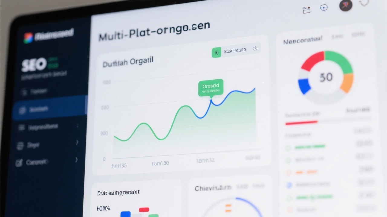 Close-up of a multi-platform SEO performance dashboard showing Dutch organic traffic trends, conversion metrics, and annotated milestones.