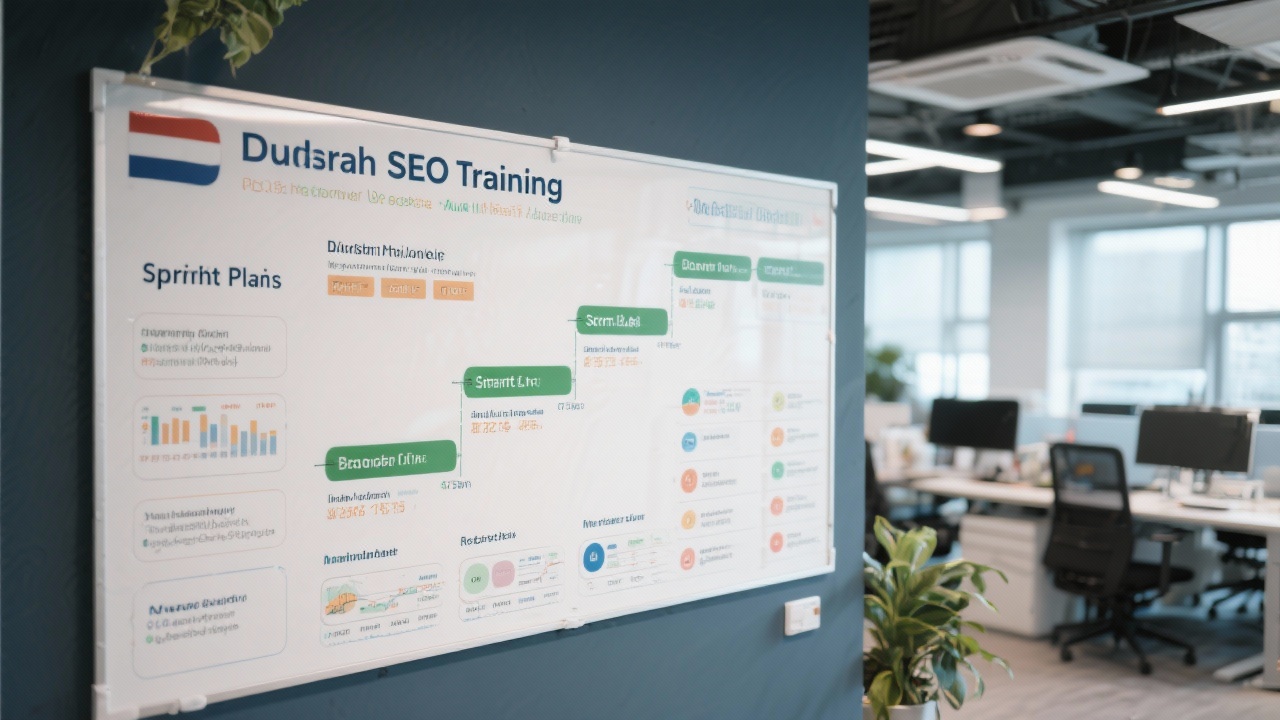 Comprehensive board displaying Dutch SEO training programs, sprint plans, and implementation milestones in a modern office environment.