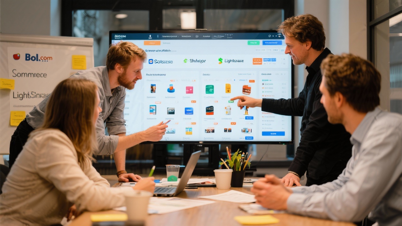 E-commerce team integrating Dutch product data across Bol.com, Shopify, and Lightspeed dashboards during a collaborative workshop.