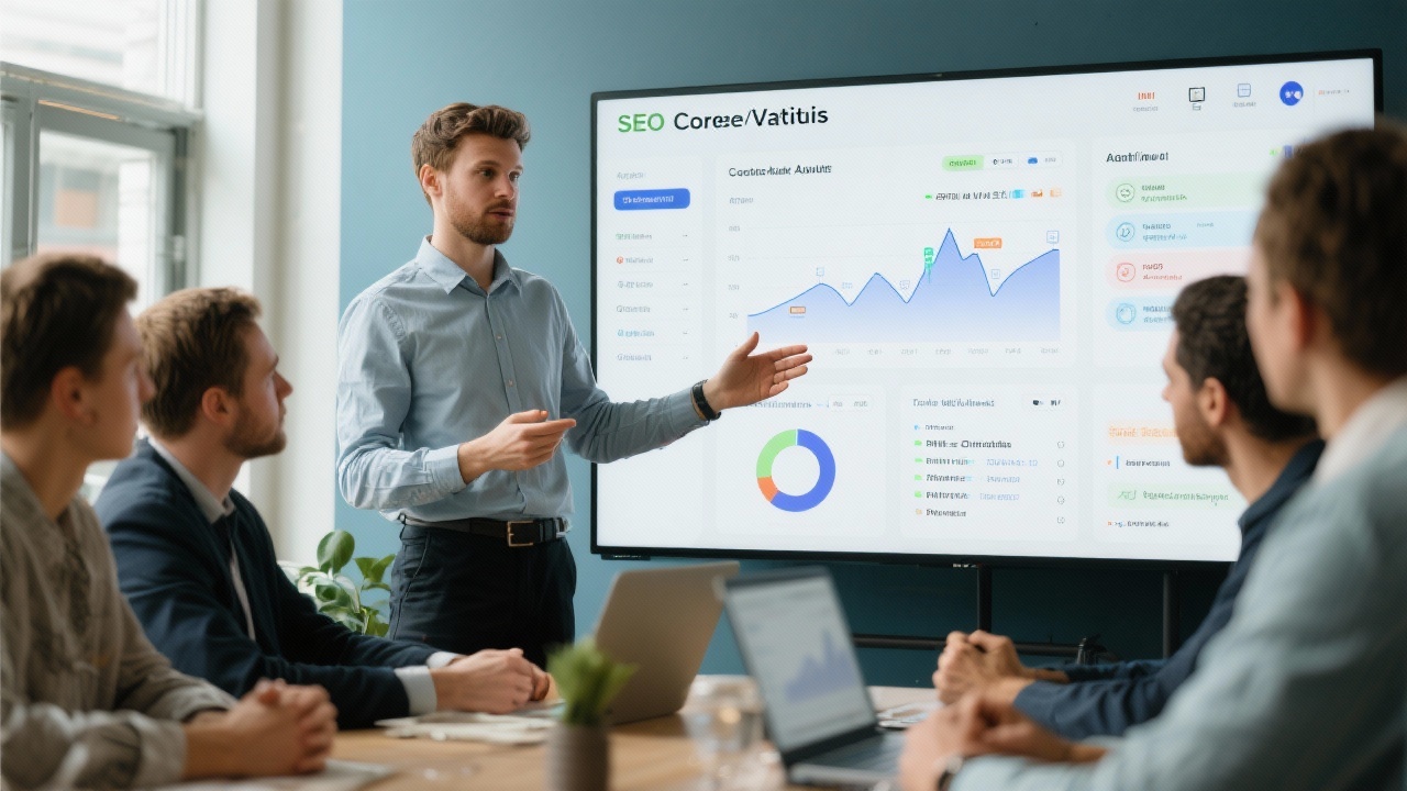 SEO specialist presenting technical audit findings with crawl data, Core Web Vitals charts, and action items to a Dutch marketing team.