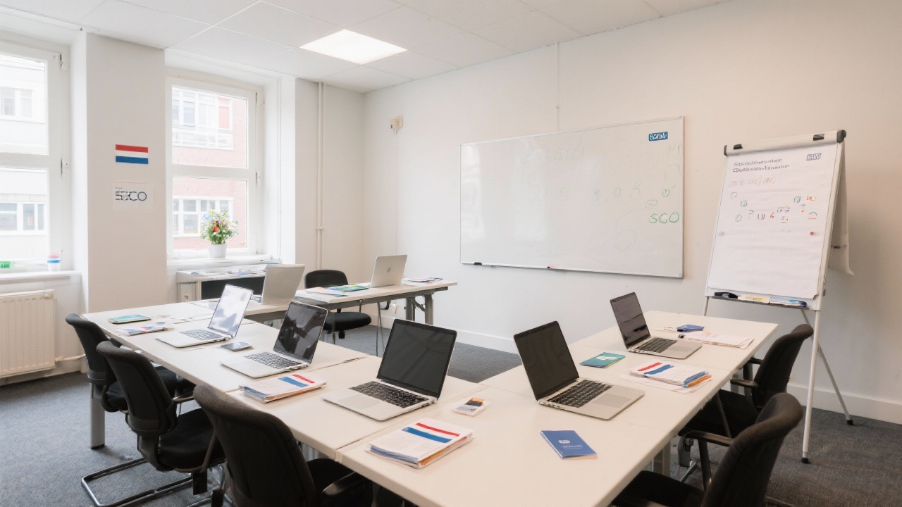 Bright training room in Amsterdam prepared for a Dutch SEO workshop with laptops, whiteboards, and resource packs ready for marketing professionals.